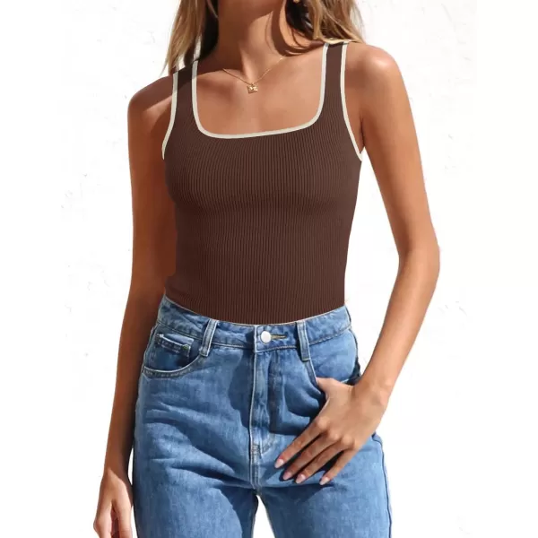 imageZESICA Womens Ribbed Tank Tops Square Neck Summer Sleeveless Slim Fitted Color Block Basic Knit Tee ShirtsCoffee