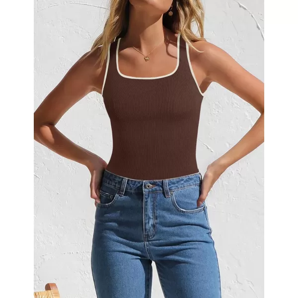 imageZESICA Womens Ribbed Tank Tops Square Neck Summer Sleeveless Slim Fitted Color Block Basic Knit Tee ShirtsCoffee