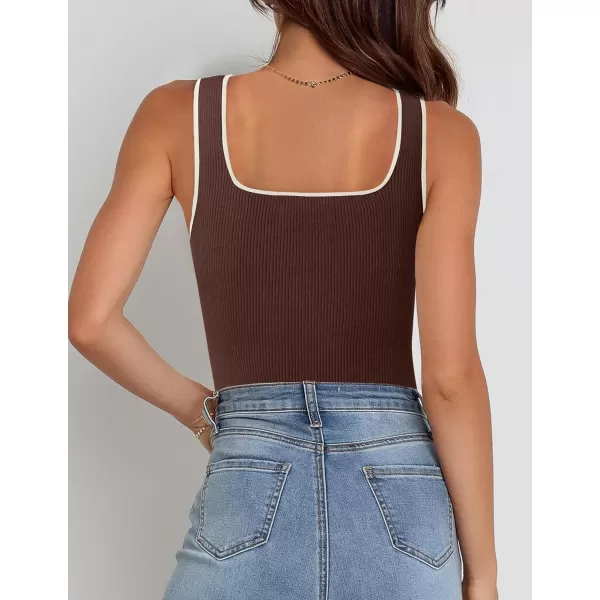 imageZESICA Womens Ribbed Tank Tops Square Neck Summer Sleeveless Slim Fitted Color Block Basic Knit Tee ShirtsCoffee