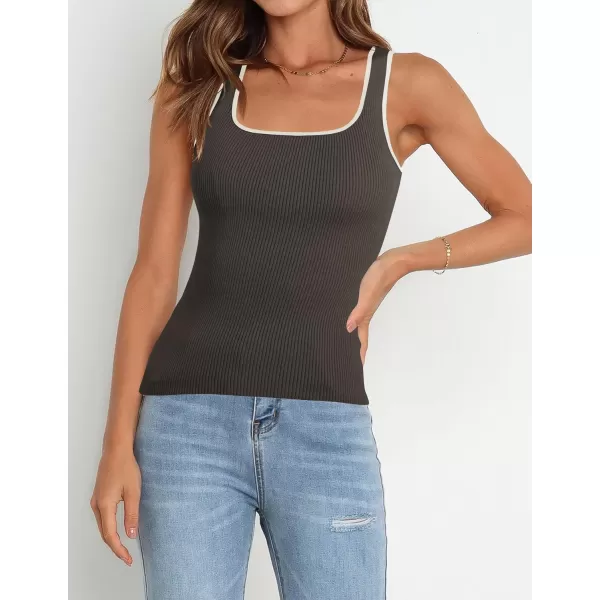 imageZESICA Womens Ribbed Tank Tops Square Neck Summer Sleeveless Slim Fitted Color Block Basic Knit Tee ShirtsDarkgrey