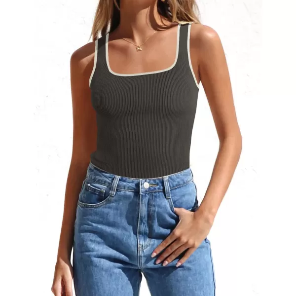 imageZESICA Womens Ribbed Tank Tops Square Neck Summer Sleeveless Slim Fitted Color Block Basic Knit Tee ShirtsDarkgrey