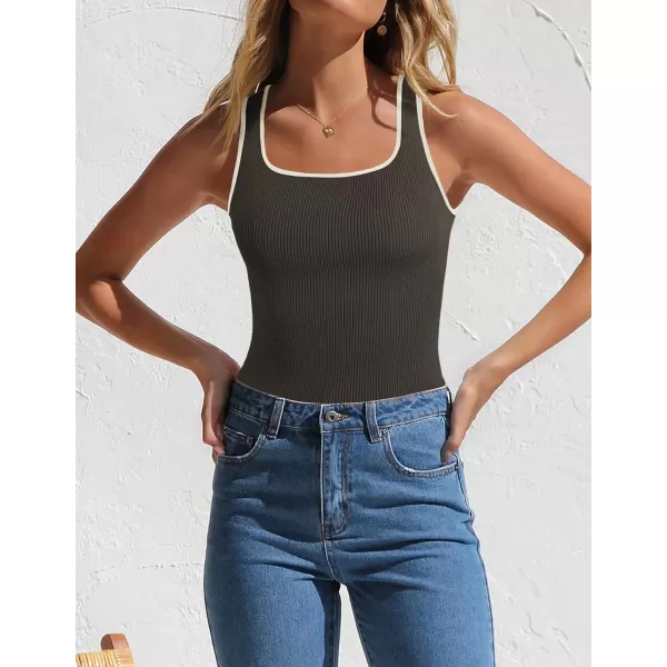 imageZESICA Womens Ribbed Tank Tops Square Neck Summer Sleeveless Slim Fitted Color Block Basic Knit Tee ShirtsDarkgrey