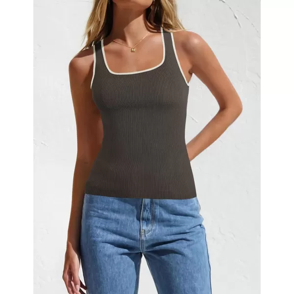 imageZESICA Womens Ribbed Tank Tops Square Neck Summer Sleeveless Slim Fitted Color Block Basic Knit Tee ShirtsDarkgrey