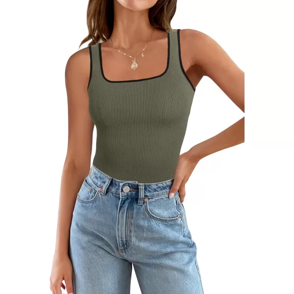 imageZESICA Womens Ribbed Tank Tops Square Neck Summer Sleeveless Slim Fitted Color Block Basic Knit Tee ShirtsGreygreen