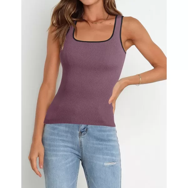 imageZESICA Womens Ribbed Tank Tops Square Neck Summer Sleeveless Slim Fitted Color Block Basic Knit Tee ShirtsPurple