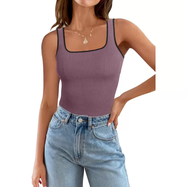 imageZESICA Womens Ribbed Tank Tops Square Neck Summer Sleeveless Slim Fitted Color Block Basic Knit Tee ShirtsPurple
