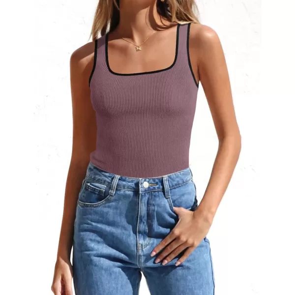 imageZESICA Womens Ribbed Tank Tops Square Neck Summer Sleeveless Slim Fitted Color Block Basic Knit Tee ShirtsPurple