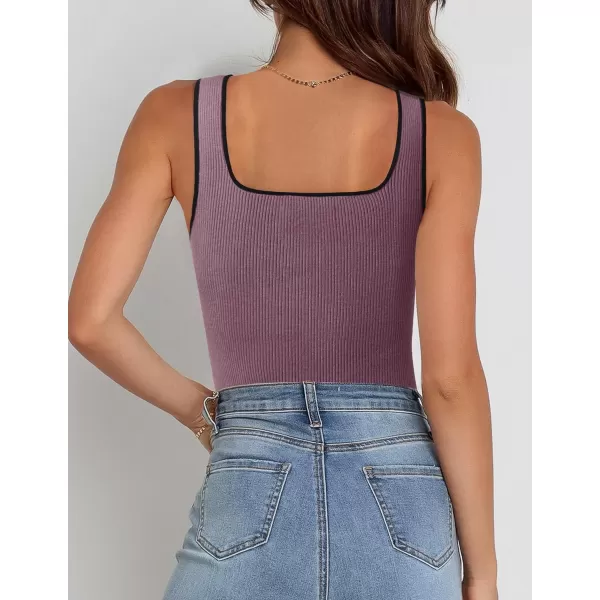 imageZESICA Womens Ribbed Tank Tops Square Neck Summer Sleeveless Slim Fitted Color Block Basic Knit Tee ShirtsPurple