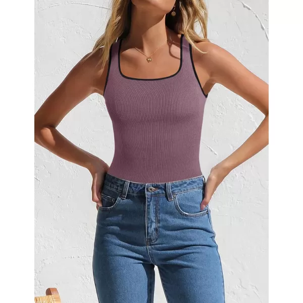imageZESICA Womens Ribbed Tank Tops Square Neck Summer Sleeveless Slim Fitted Color Block Basic Knit Tee ShirtsPurple