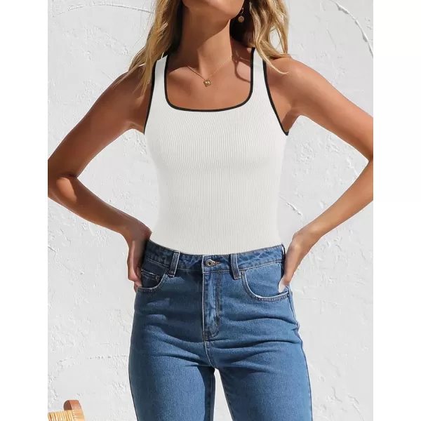 imageZESICA Womens Ribbed Tank Tops Square Neck Summer Sleeveless Slim Fitted Color Block Basic Knit Tee ShirtsWhite