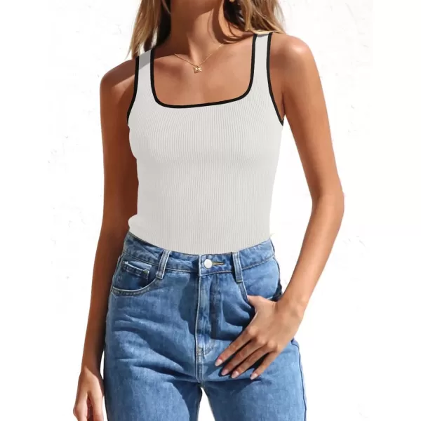 imageZESICA Womens Ribbed Tank Tops Square Neck Summer Sleeveless Slim Fitted Color Block Basic Knit Tee ShirtsWhite