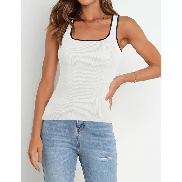 imageZESICA Womens Ribbed Tank Tops Square Neck Summer Sleeveless Slim Fitted Color Block Basic Knit Tee ShirtsWhite