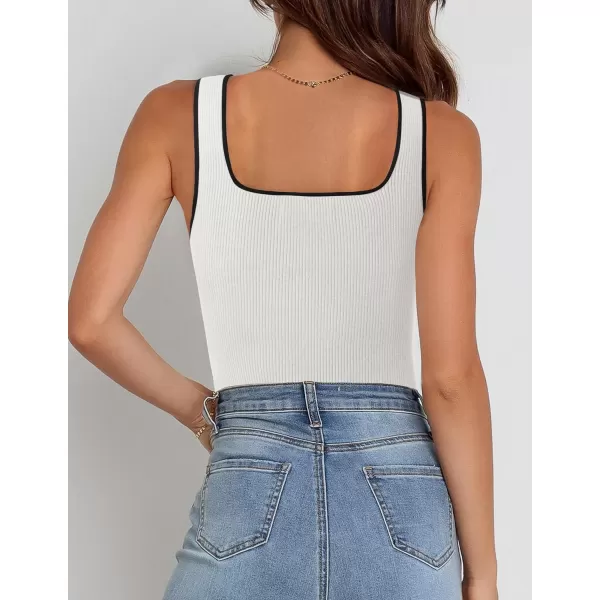 imageZESICA Womens Ribbed Tank Tops Square Neck Summer Sleeveless Slim Fitted Color Block Basic Knit Tee ShirtsWhite