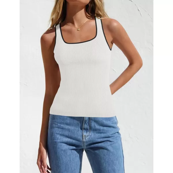 imageZESICA Womens Ribbed Tank Tops Square Neck Summer Sleeveless Slim Fitted Color Block Basic Knit Tee ShirtsWhite
