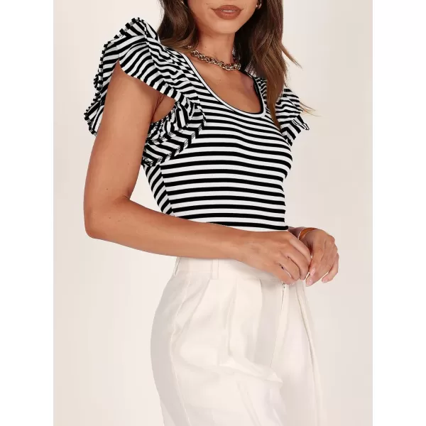 imageZESICA Womens Ruffle Short Sleeve Striped T Shirts 2024 Summer Scoop Neck Slim Fitted Causal Basic Tee TopsBlack