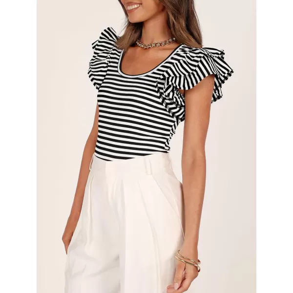 imageZESICA Womens Ruffle Short Sleeve Striped T Shirts 2024 Summer Scoop Neck Slim Fitted Causal Basic Tee TopsBlack