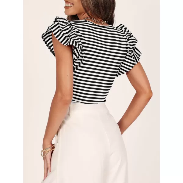 imageZESICA Womens Ruffle Short Sleeve Striped T Shirts 2024 Summer Scoop Neck Slim Fitted Causal Basic Tee TopsBlack