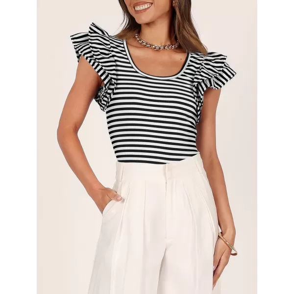 imageZESICA Womens Ruffle Short Sleeve Striped T Shirts 2024 Summer Scoop Neck Slim Fitted Causal Basic Tee TopsBlack