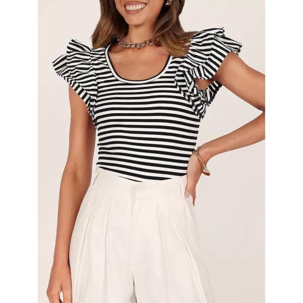 imageZESICA Womens Ruffle Short Sleeve Striped T Shirts 2024 Summer Scoop Neck Slim Fitted Causal Basic Tee TopsBlack