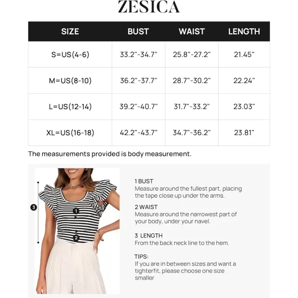 imageZESICA Womens Ruffle Short Sleeve Striped T Shirts 2024 Summer Scoop Neck Slim Fitted Causal Basic Tee TopsBlack