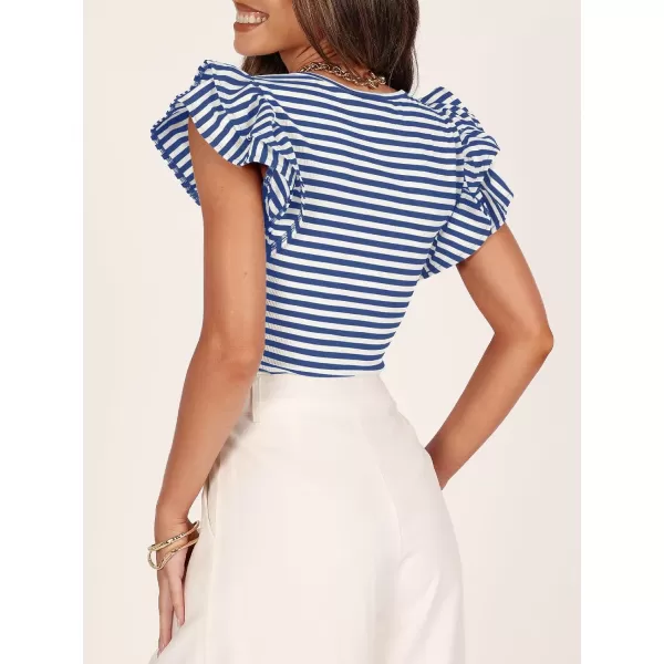 imageZESICA Womens Ruffle Short Sleeve Striped T Shirts 2024 Summer Scoop Neck Slim Fitted Causal Basic Tee TopsBlue