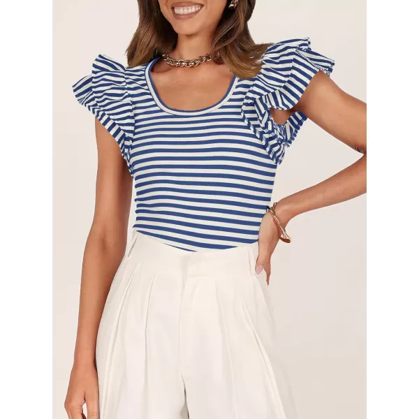 imageZESICA Womens Ruffle Short Sleeve Striped T Shirts 2024 Summer Scoop Neck Slim Fitted Causal Basic Tee TopsBlue
