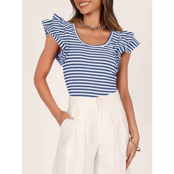 imageZESICA Womens Ruffle Short Sleeve Striped T Shirts 2024 Summer Scoop Neck Slim Fitted Causal Basic Tee TopsBlue