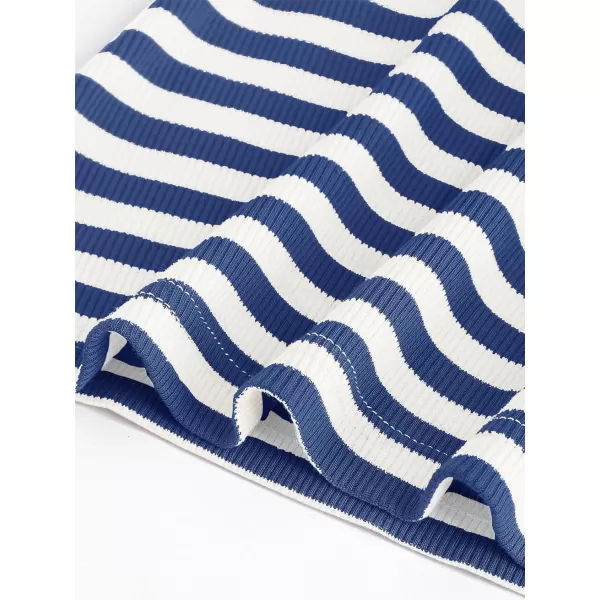 imageZESICA Womens Ruffle Short Sleeve Striped T Shirts 2024 Summer Scoop Neck Slim Fitted Causal Basic Tee TopsBlue