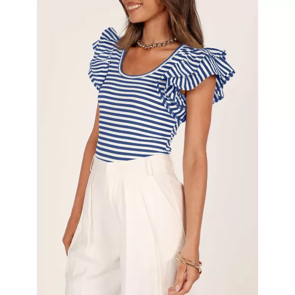 imageZESICA Womens Ruffle Short Sleeve Striped T Shirts 2024 Summer Scoop Neck Slim Fitted Causal Basic Tee TopsBlue