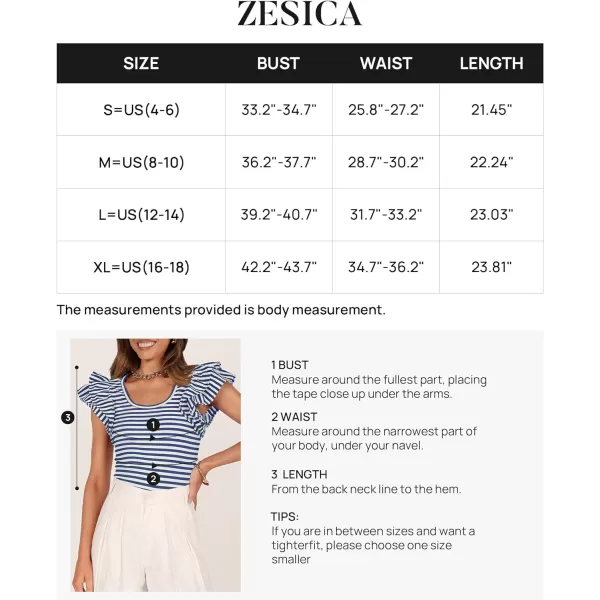imageZESICA Womens Ruffle Short Sleeve Striped T Shirts 2024 Summer Scoop Neck Slim Fitted Causal Basic Tee TopsBlue