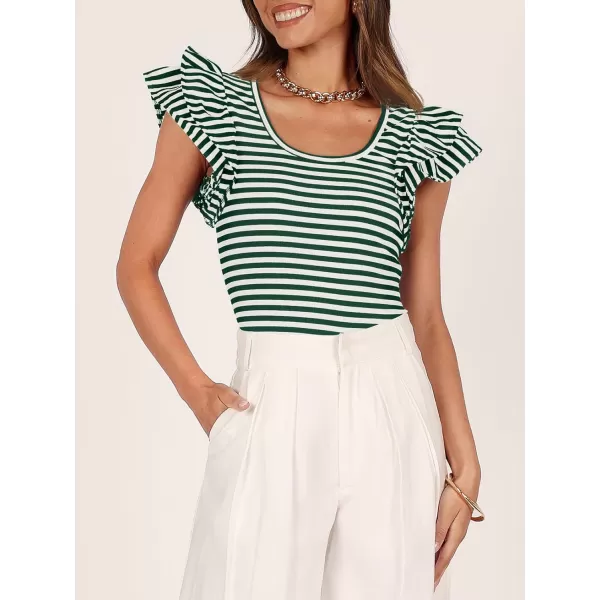 imageZESICA Womens Ruffle Short Sleeve Striped T Shirts 2024 Summer Scoop Neck Slim Fitted Causal Basic Tee TopsGreen