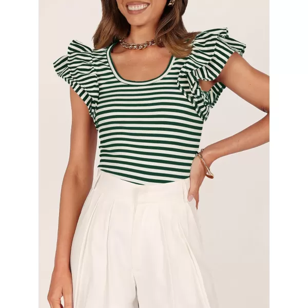 imageZESICA Womens Ruffle Short Sleeve Striped T Shirts 2024 Summer Scoop Neck Slim Fitted Causal Basic Tee TopsGreen