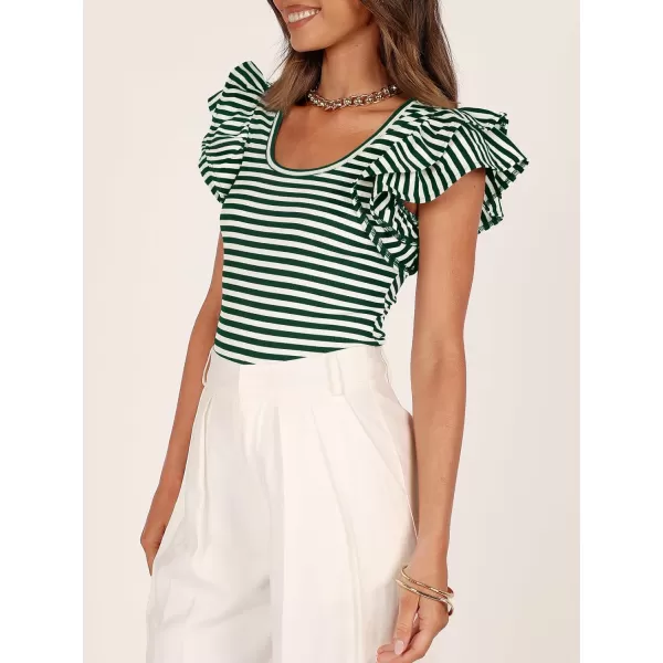 imageZESICA Womens Ruffle Short Sleeve Striped T Shirts 2024 Summer Scoop Neck Slim Fitted Causal Basic Tee TopsGreen
