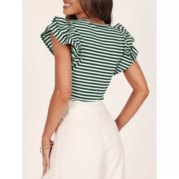 imageZESICA Womens Ruffle Short Sleeve Striped T Shirts 2024 Summer Scoop Neck Slim Fitted Causal Basic Tee TopsGreen