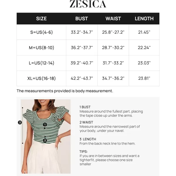 imageZESICA Womens Ruffle Short Sleeve Striped T Shirts 2024 Summer Scoop Neck Slim Fitted Causal Basic Tee TopsGreen