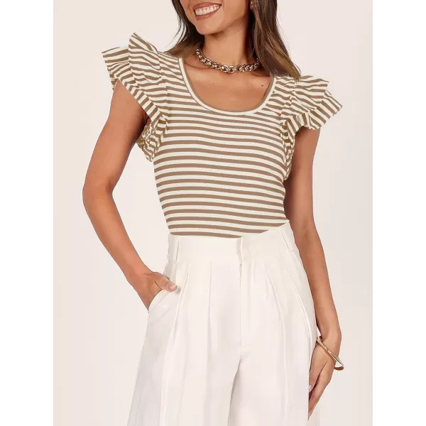 imageZESICA Womens Ruffle Short Sleeve Striped T Shirts 2024 Summer Scoop Neck Slim Fitted Causal Basic Tee TopsKhaki