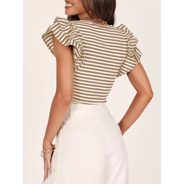 imageZESICA Womens Ruffle Short Sleeve Striped T Shirts 2024 Summer Scoop Neck Slim Fitted Causal Basic Tee TopsKhaki
