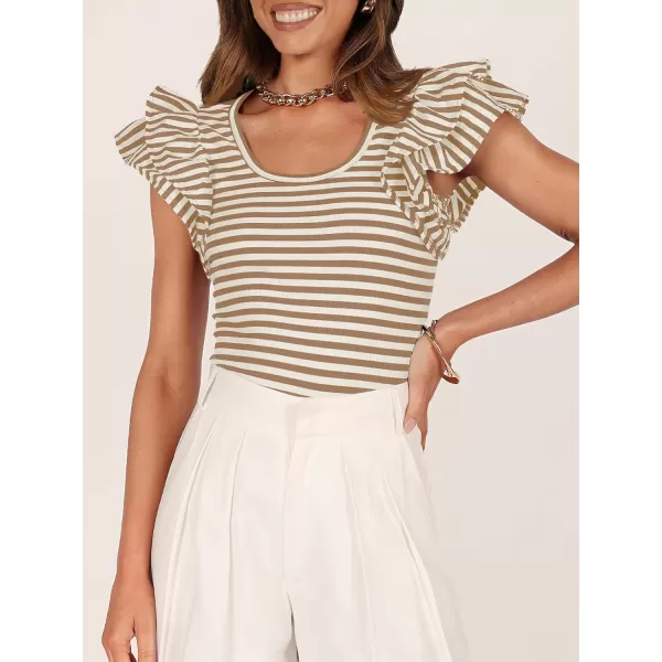 imageZESICA Womens Ruffle Short Sleeve Striped T Shirts 2024 Summer Scoop Neck Slim Fitted Causal Basic Tee TopsKhaki
