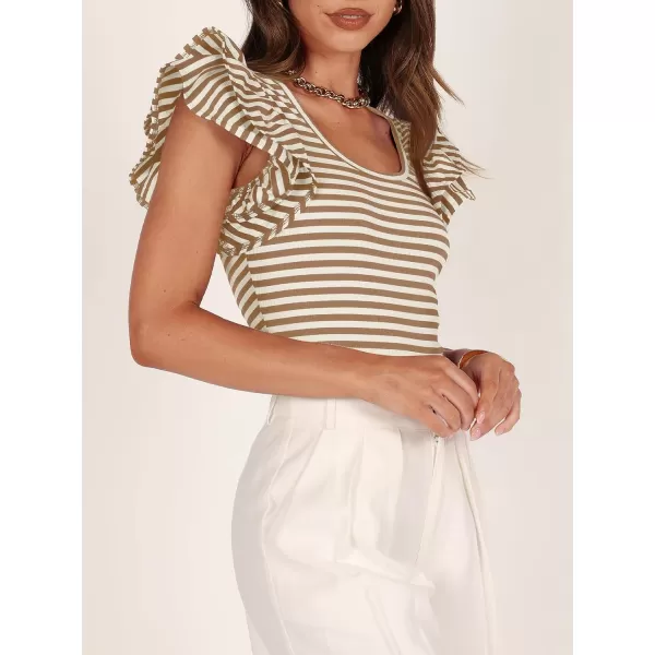 imageZESICA Womens Ruffle Short Sleeve Striped T Shirts 2024 Summer Scoop Neck Slim Fitted Causal Basic Tee TopsKhaki