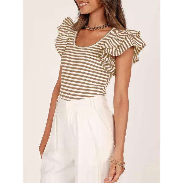 imageZESICA Womens Ruffle Short Sleeve Striped T Shirts 2024 Summer Scoop Neck Slim Fitted Causal Basic Tee TopsKhaki