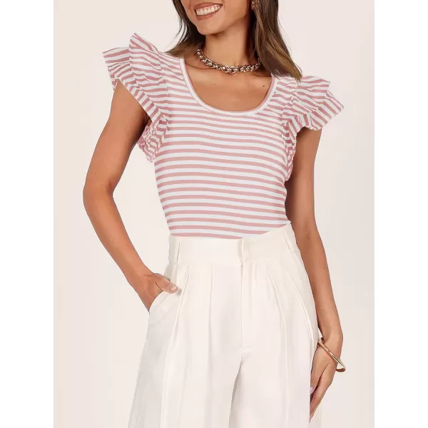 imageZESICA Womens Ruffle Short Sleeve Striped T Shirts 2024 Summer Scoop Neck Slim Fitted Causal Basic Tee TopsPink