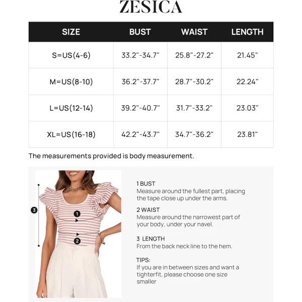 imageZESICA Womens Ruffle Short Sleeve Striped T Shirts 2024 Summer Scoop Neck Slim Fitted Causal Basic Tee TopsPink