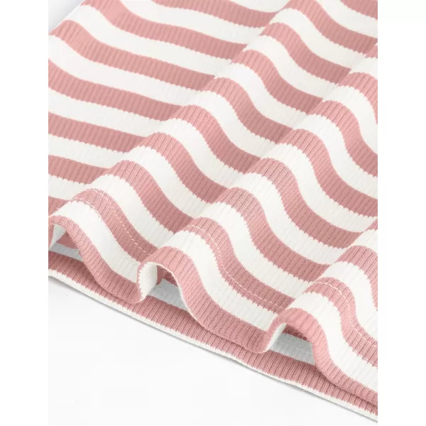 imageZESICA Womens Ruffle Short Sleeve Striped T Shirts 2024 Summer Scoop Neck Slim Fitted Causal Basic Tee TopsPink
