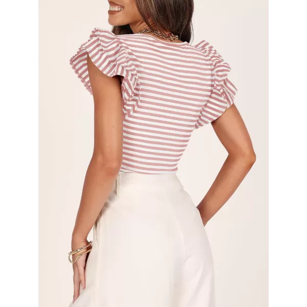 imageZESICA Womens Ruffle Short Sleeve Striped T Shirts 2024 Summer Scoop Neck Slim Fitted Causal Basic Tee TopsPink