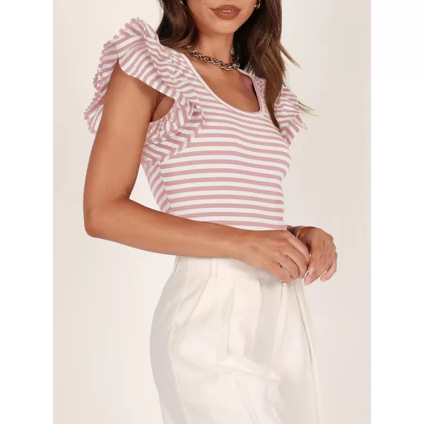 imageZESICA Womens Ruffle Short Sleeve Striped T Shirts 2024 Summer Scoop Neck Slim Fitted Causal Basic Tee TopsPink