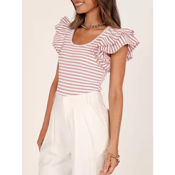 imageZESICA Womens Ruffle Short Sleeve Striped T Shirts 2024 Summer Scoop Neck Slim Fitted Causal Basic Tee TopsPink