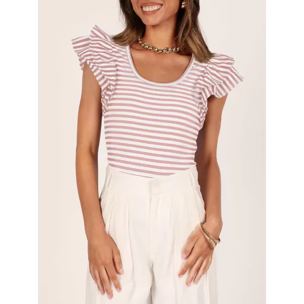 imageZESICA Womens Ruffle Short Sleeve Striped T Shirts 2024 Summer Scoop Neck Slim Fitted Causal Basic Tee TopsPink