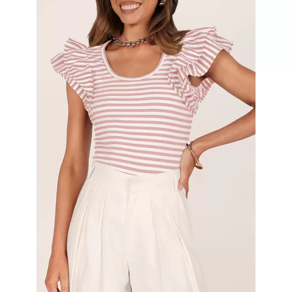 imageZESICA Womens Ruffle Short Sleeve Striped T Shirts 2024 Summer Scoop Neck Slim Fitted Causal Basic Tee TopsPink