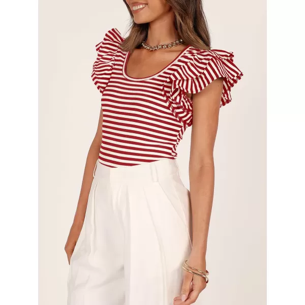 imageZESICA Womens Ruffle Short Sleeve Striped T Shirts 2024 Summer Scoop Neck Slim Fitted Causal Basic Tee TopsRed