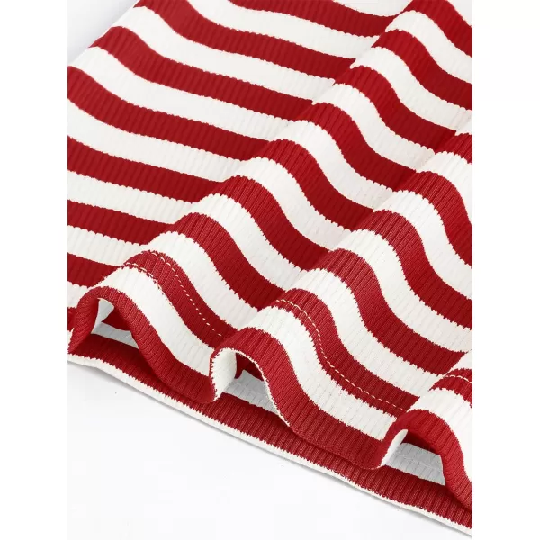 imageZESICA Womens Ruffle Short Sleeve Striped T Shirts 2024 Summer Scoop Neck Slim Fitted Causal Basic Tee TopsRed